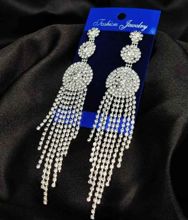 Imported Tarnish-free Silver Sparkling Long Statement Earrings For Glamorous Evenings
