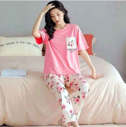 Comfortable Printed Cotton Jersey Night Suit - 2 Pcs Set