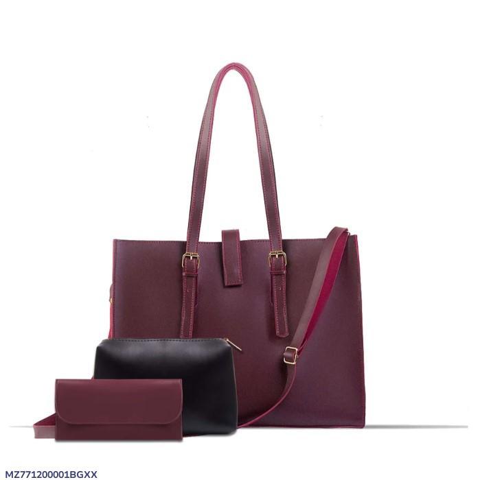 Stylish Women's 3 Pcs PU Leather Hand Bag Set in Maroon
