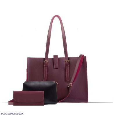 Stylish Women's 3 Pcs PU Leather Hand Bag Set in Maroon