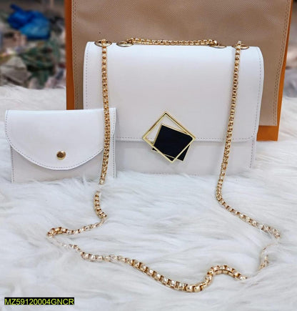 2 Pcs PU Leather Hand Bag With Long Golden Chain For Girls