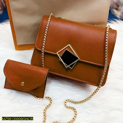2 Pcs PU Leather Hand Bag With Long Golden Chain For Girls