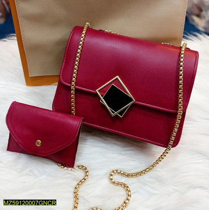 2 Pcs PU Leather Hand Bag With Long Golden Chain For Girls
