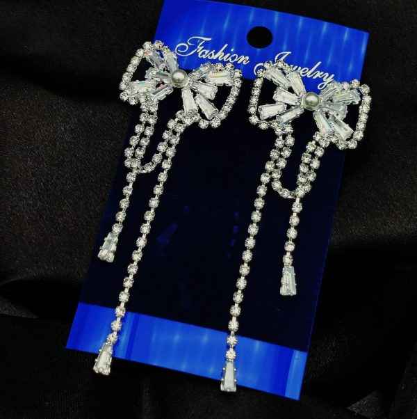 Imported Tarnish-free Silver Sparkling Long Statement Earrings For Glamorous Evenings