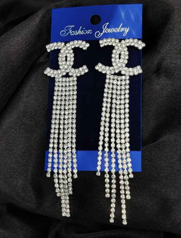 Imported Tarnish-free Silver Sparkling Long Statement Earrings For Glamorous Evenings