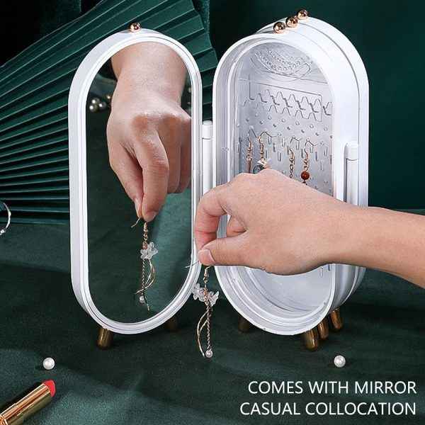 Jewellery Box Organiser With Mirror – Foldable Exquisite Dustproof Jewelry Storage Case Multi-function Screen Shaped Metal Display Jewelry Stand For Earring