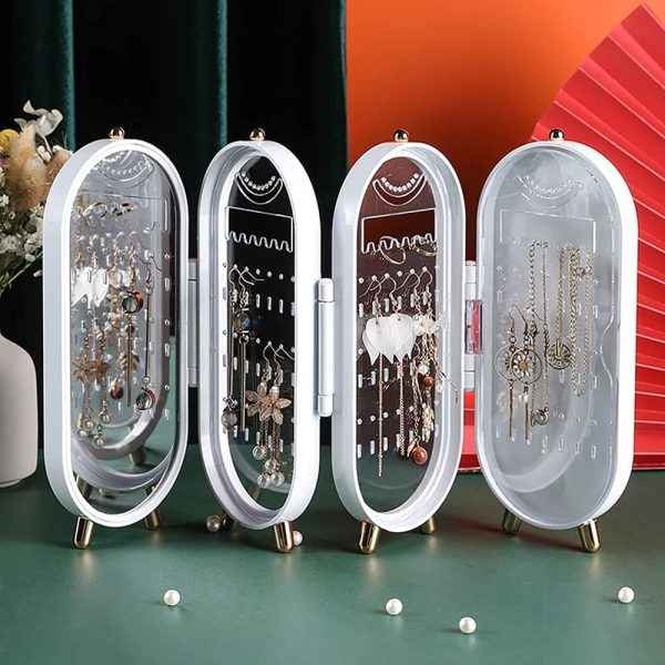 Jewellery Box Organiser With Mirror – Foldable Exquisite Dustproof Jewelry Storage Case Multi-function Screen Shaped Metal Display Jewelry Stand For Earring