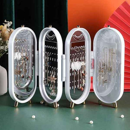 Jewellery Box Organiser With Mirror – Foldable Exquisite Dustproof Jewelry Storage Case Multi-function Screen Shaped Metal Display Jewelry Stand For Earring