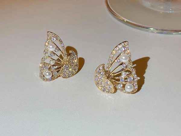 Korean Zircon And Pearl Butterfly Front Back Earrings | Luxury Look Artificial Earrings